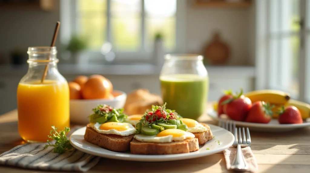 A colorful breakfast spread featuring gluten-free breakfast foods like avocado toast, fresh fruits, eggs, and a smoothie bowl.