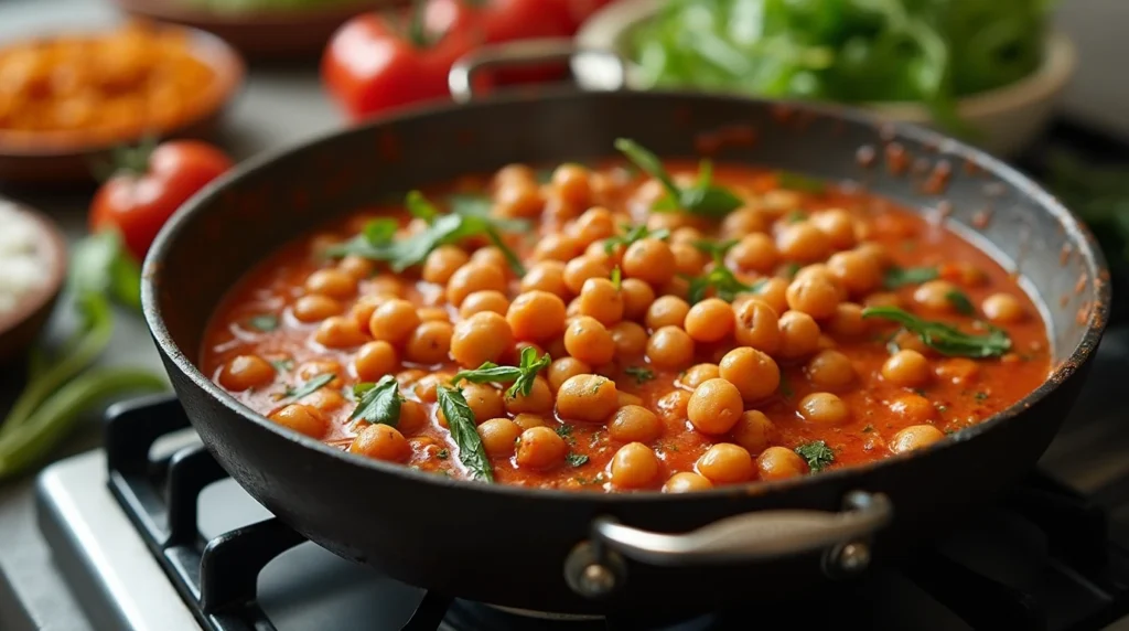 A vegetarian Indian Chana Masala with chickpeas simmering in a flavorful sauce, surrounded by fresh ingredients and spices.