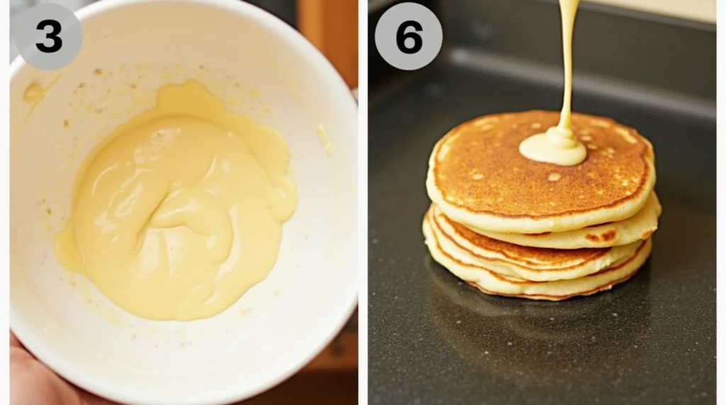 Step-by-step gluten-free pancake recipe with batter being poured on a griddle and fluffy pancakes in the background.