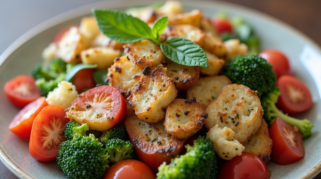 A health-conscious meal featuring quinoa, roasted vegetables, and grilled salmon, perfect for a balanced lunch and part of easy low carb lunch recipes.