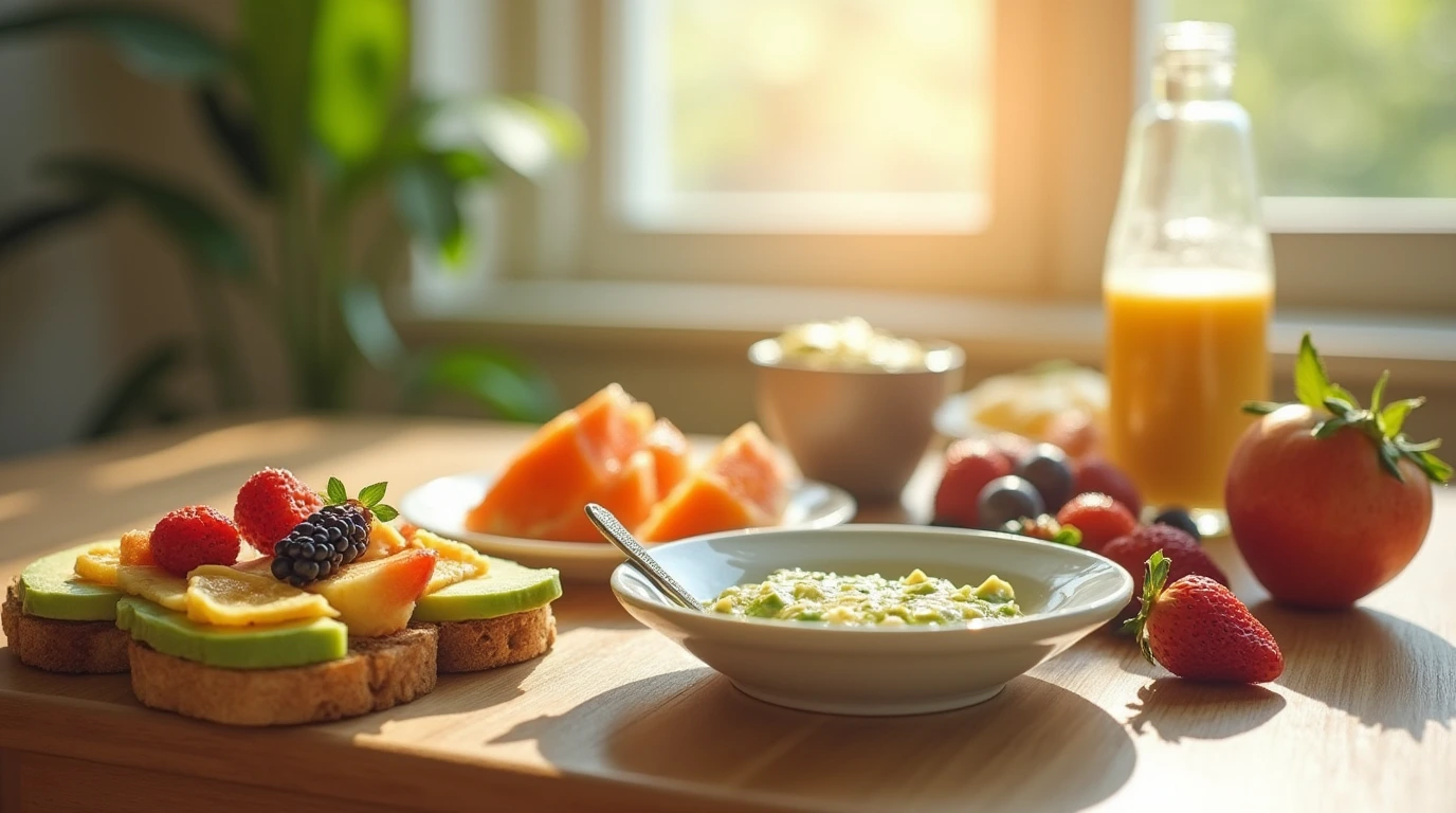 A healthy breakfast spread with oatmeal, avocado toast, fresh fruits, and a smoothie bowl, promoting easy and healthy breakfast ideas for weight loss.