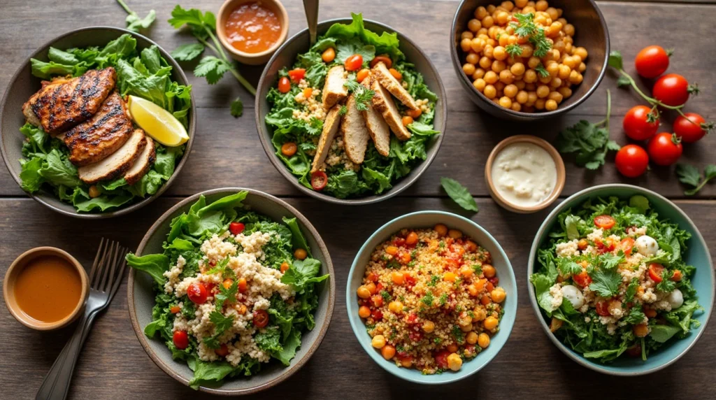 An assortment of healthy lunch salad ideas with fresh greens, proteins, and vibrant veggies in bowls.