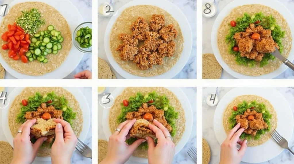 Step-by-step guide for assembling a healthy light lunch wrap with fresh veggies and lean protein.