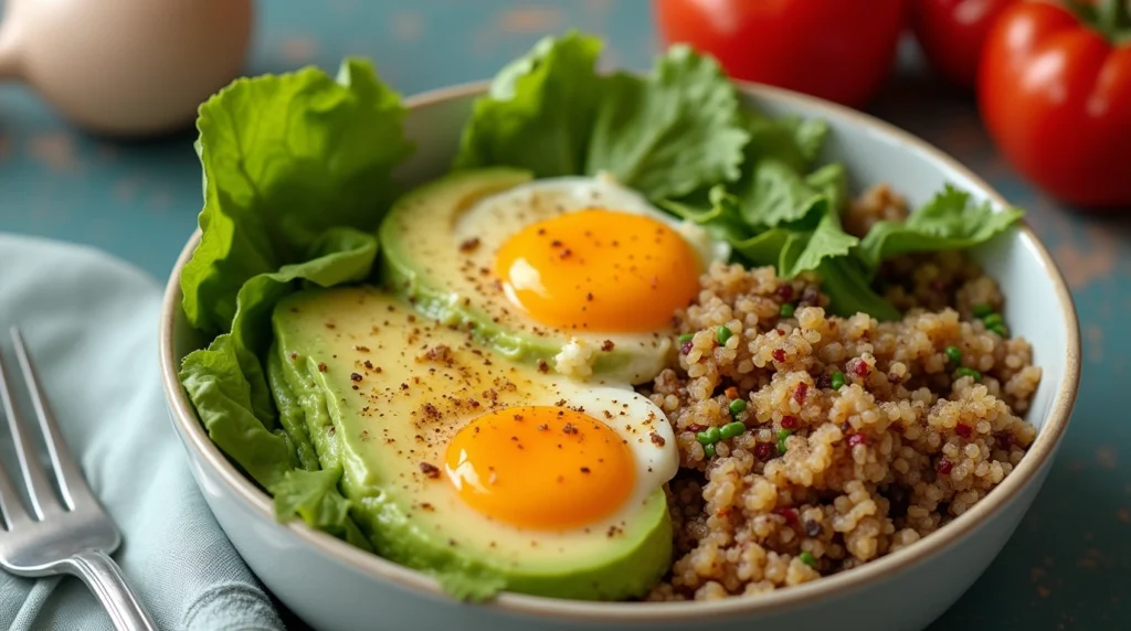 "A protein-packed breakfast bowl with quinoa, scrambled eggs, avocado, and vegetables for a nutritious start.