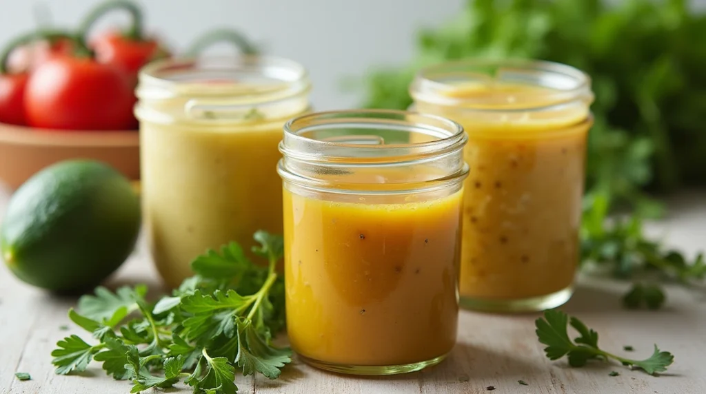 Homemade healthy salad dressings including lemon-tahini, avocado-lime, and honey-mustard.