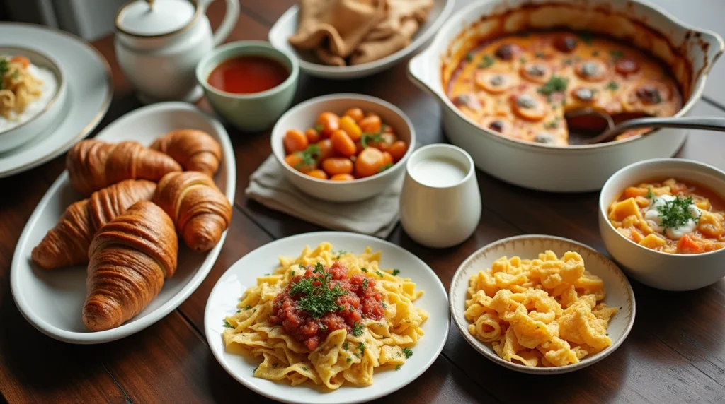 A diverse international breakfast spread featuring dishes from various cultures.