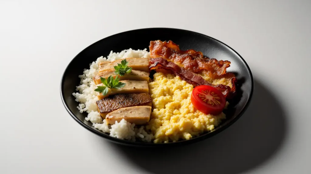 Side-by-side comparison of a traditional Japanese breakfast with rice and fish and a Western breakfast with eggs and toast.