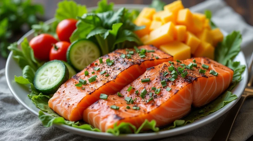 A vibrant keto lunch spread featuring fresh vegetables, grilled salmon, cheese, and healthy fats—perfect for delicious and nutritious keto lunch ideas.