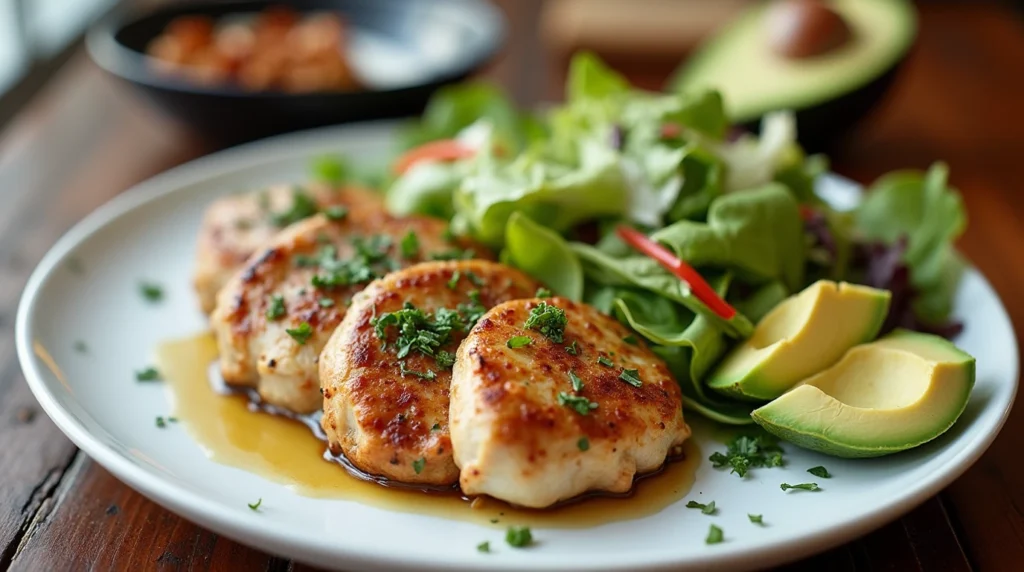 A restaurant menu with keto-friendly options highlighted, next to a plate of grilled chicken and avocado salad.