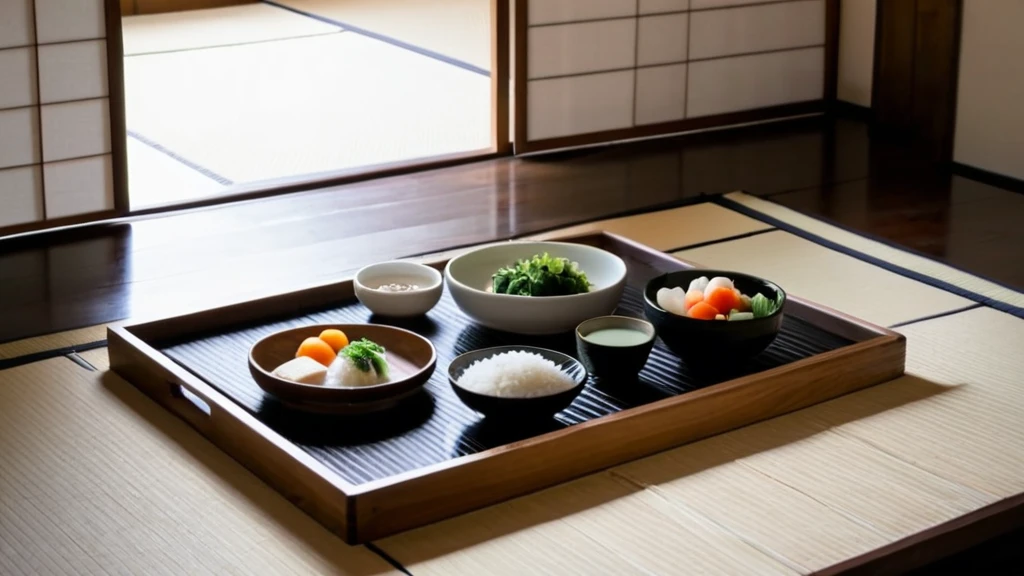 Kyoto-style Japanese breakfast with tofu, seasonal vegetables, and rice in a traditional tatami room.