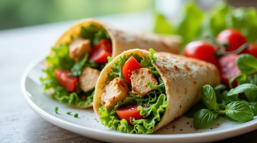 A healthy and vibrant light lunch ideas with a salad and grilled chicken wrap, showcasing a nutritious meal.