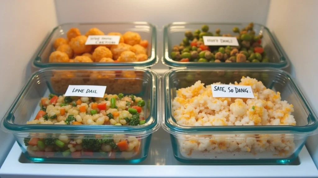 Prepped and labeled meals stored in containers, demonstrating effective meal prep and storage for a week of dinners.