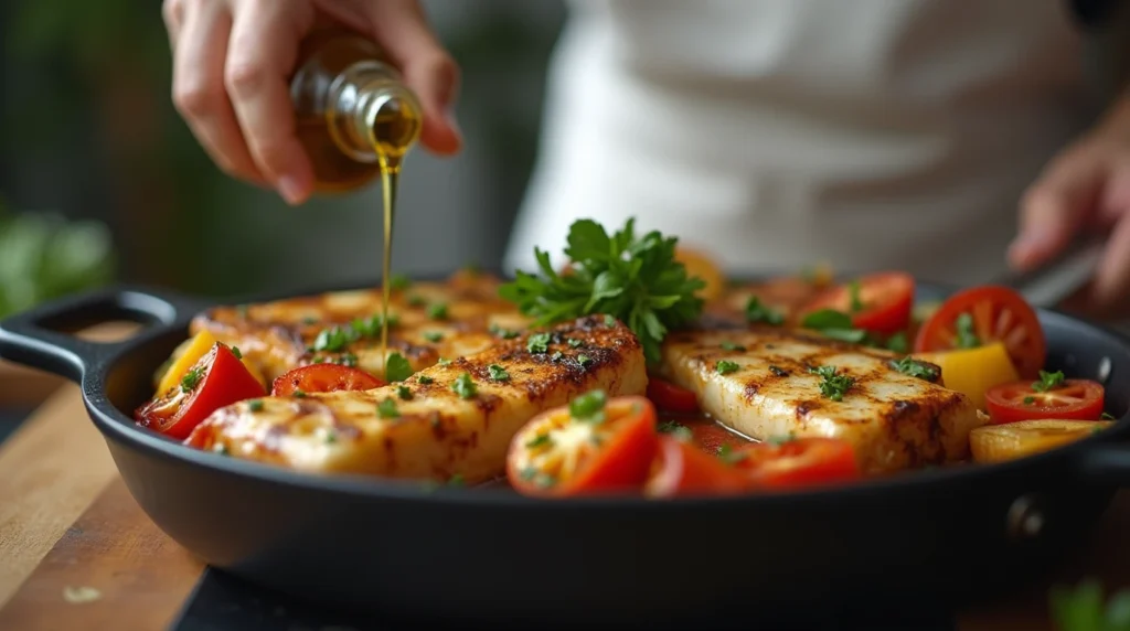 A chef cooking Mediterranean dishes, grilling fish and vegetables while adding olive oil and herbs, showcasing traditional Mediterranean techniques.