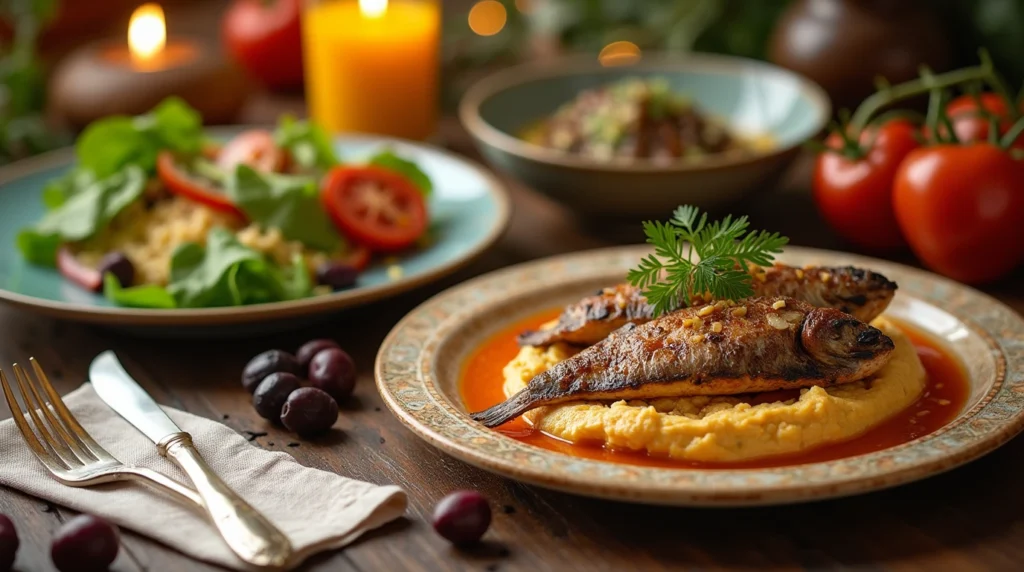 A Mediterranean dinner table with fresh salads, grilled fish, and traditional Mediterranean dinner recipes, showcasing the vibrant flavors of Mediterranean cuisine.