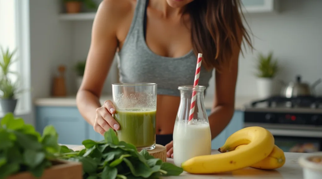 A woman preparing a green smoothie in a bright kitchen, emphasizing the benefits of nutritious, high-protein breakfasts for weight loss.