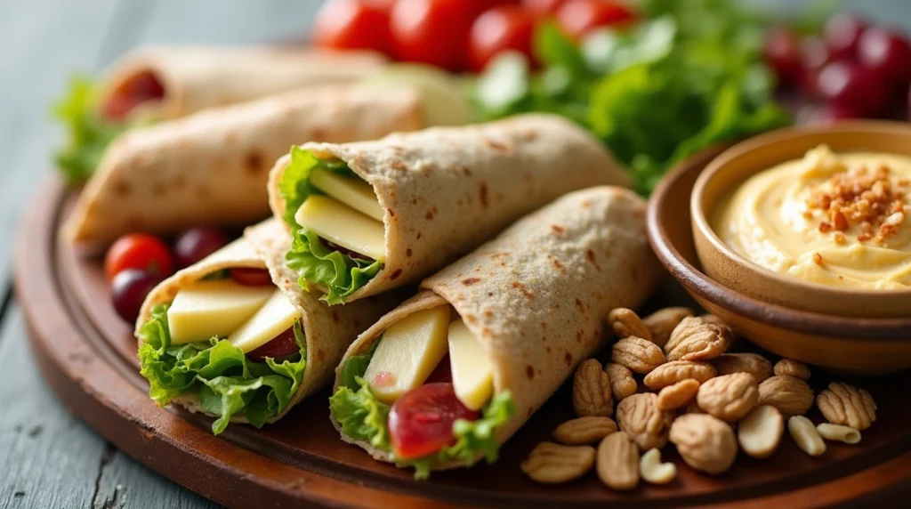 A no cook lunch platter featuring wraps, fruits, nuts, cheese, and hummus, offering a balanced and nutritious meal option.