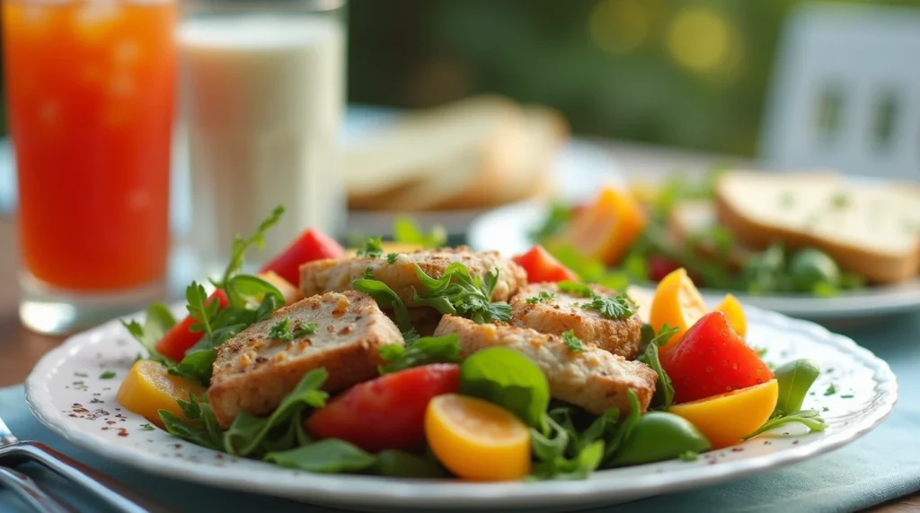 A beautifully arranged light lunch with a salad, fruits, and a refreshing drink, encouraging readers to enjoy healthy meals.