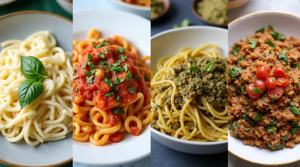 A variety of Vegan Pasta Recipes, including creamy Alfredo, tomato basil, pesto, and lentil Bolognese, perfect for a delicious and healthy meal.