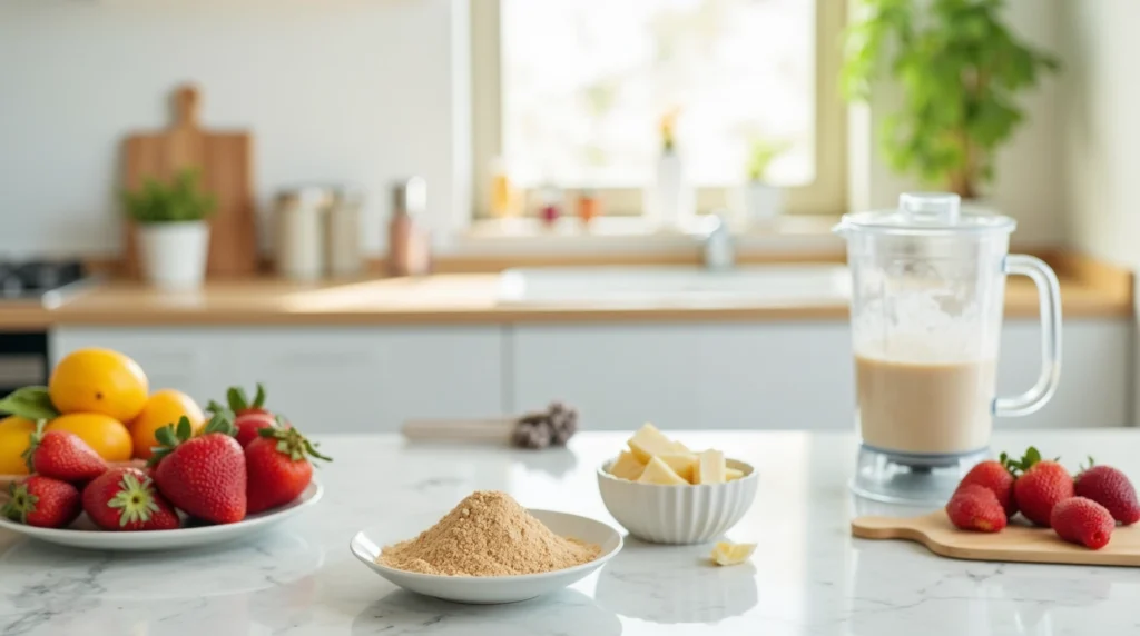 A healthy protein powder breakfast preparation with fresh fruits and protein powder.