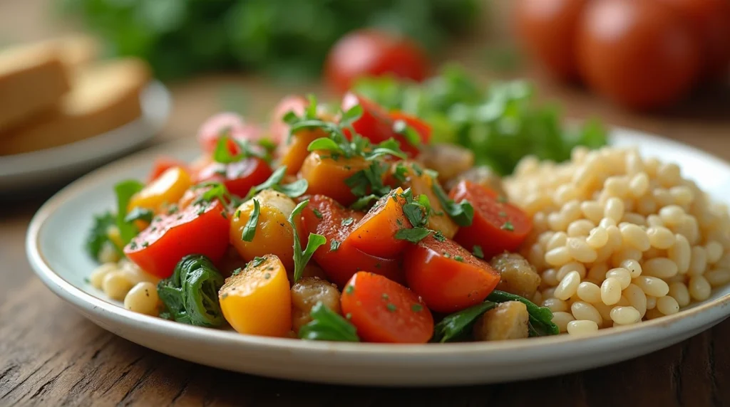 A delicious and colorful 30-minute dinner recipes plate with healthy vegetables, protein, and grains.