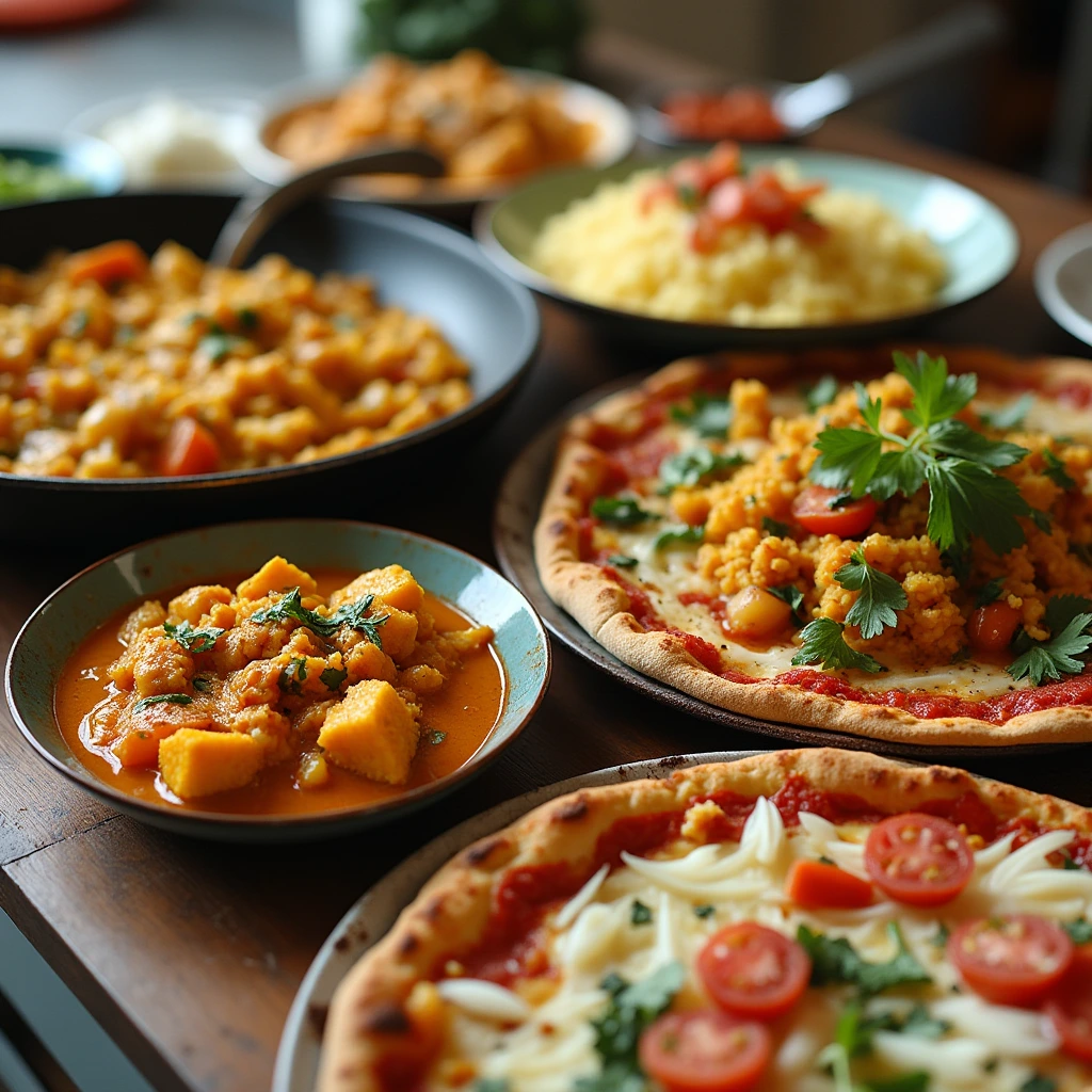 Various easy quick vegan dinner recipes displayed on a kitchen counter, including curry, stir-fry, and pizza.