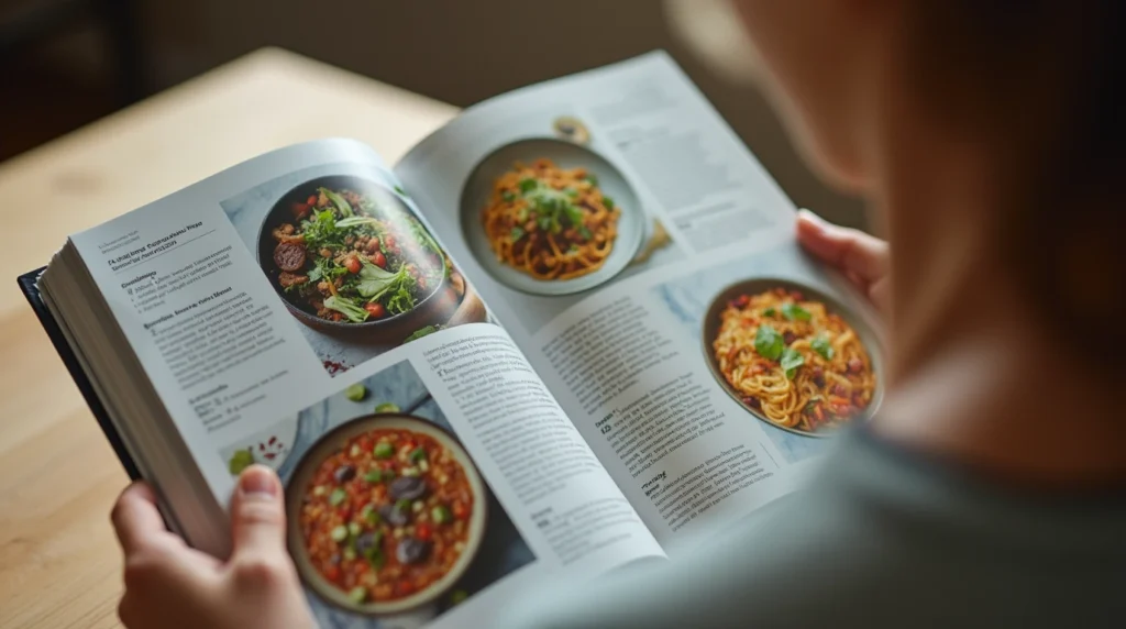 A person reading an international cookbook with vibrant images of dishes like tacos, pasta primavera, and stir-fried noodles.