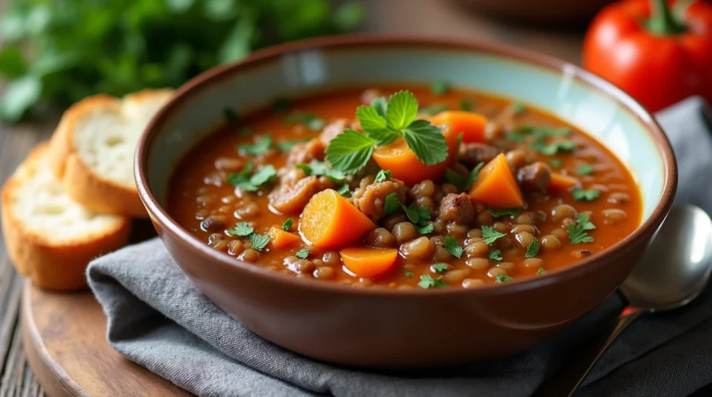 A hearty bowl of vegetable soup for winter, made with root vegetables and lentils, garnished with fresh herbs and served with crusty bread.