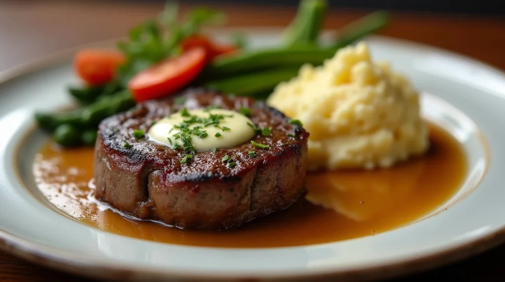 A gourmet main course with filet mignon, herb butter, and roasted vegetables, highlighting a special dinner recipe.