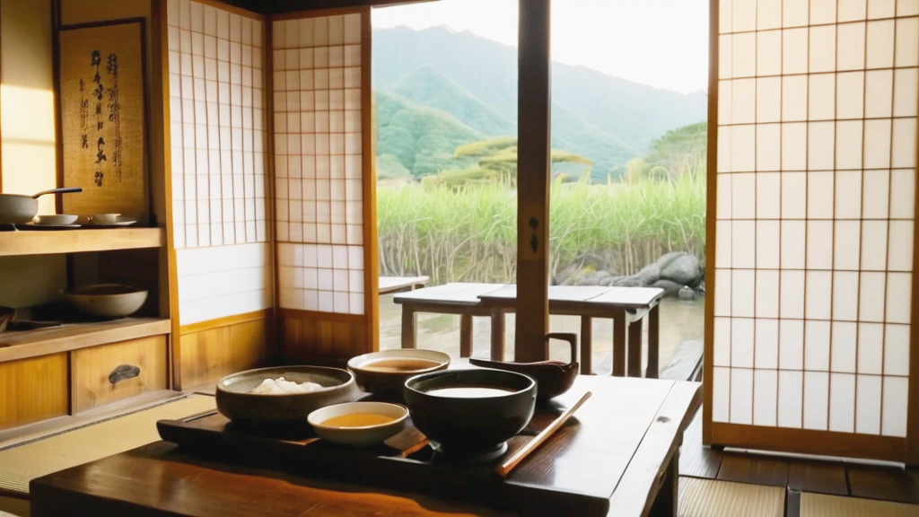 Traditional Japanese breakfast on a wooden table at sunrise, including rice, miso soup, and grilled fish.