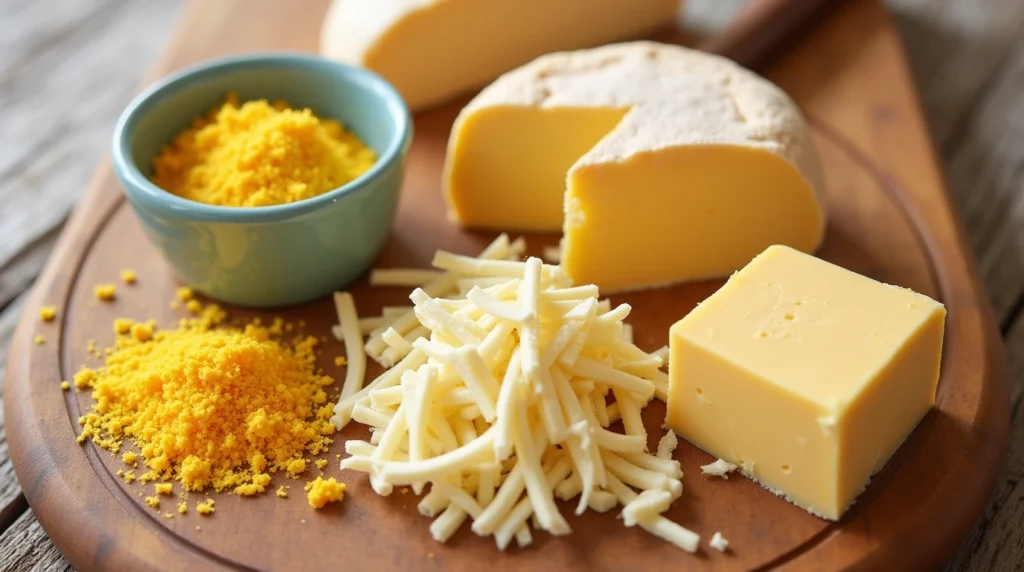 Various vegan cheese alternatives, including nutritional yeast and cashew-based cheese, displayed on a cutting board