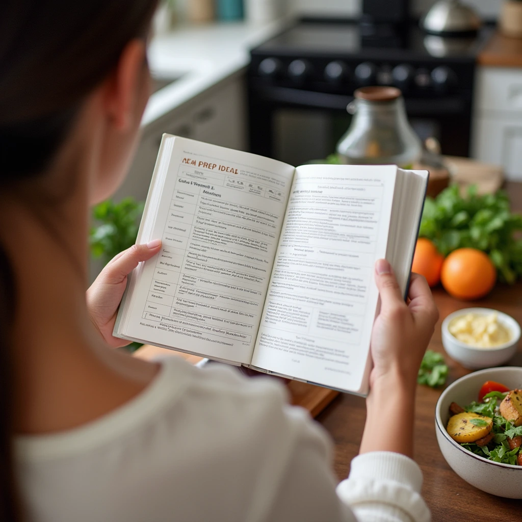 Person reading a vegan meal prep guide on a tablet in the kitchen, with a notepad of vegan meal ideas.