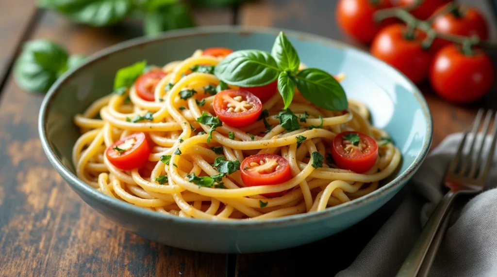 A delicious bowl of vegan pasta topped with fresh basil and cherry tomatoes, served on a rustic wooden table.