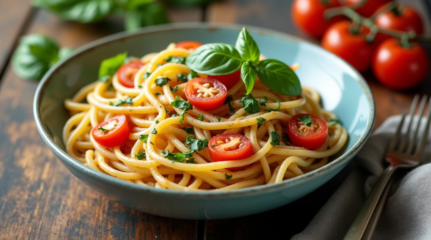 A delicious bowl of vegan pasta topped with fresh basil and cherry tomatoes, served on a rustic wooden table.