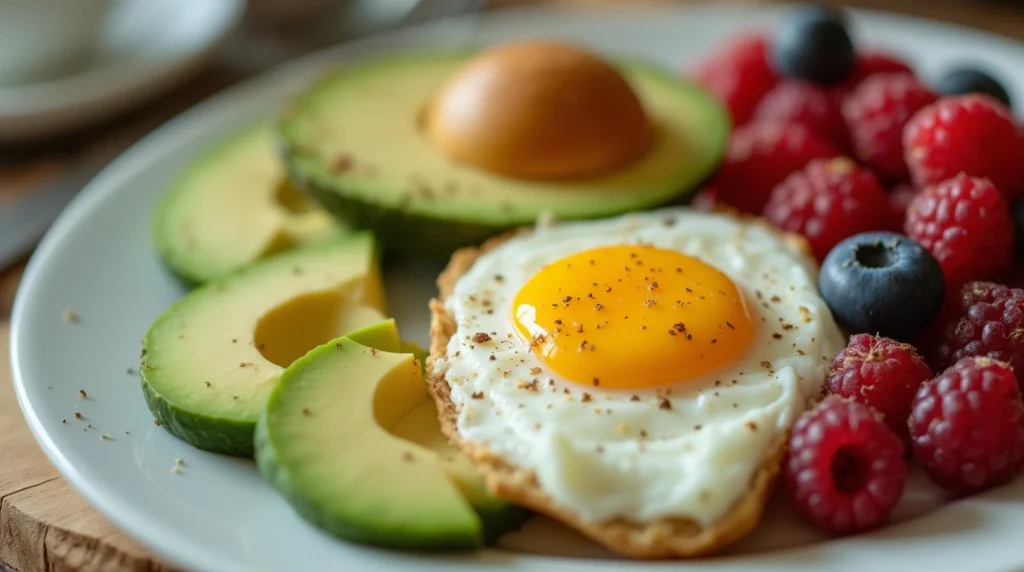 A nutritious plate featuring whole food-based gluten-free breakfast foods like avocados, nuts, berries, and eggs.