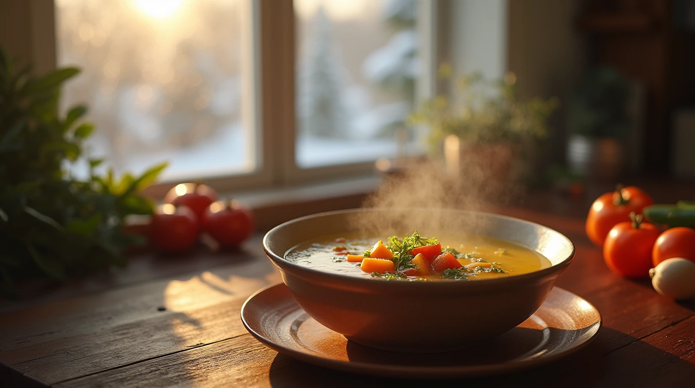 A steaming bowl of hearty vegetable soup on a wooden table, with a cozy winter backdrop.