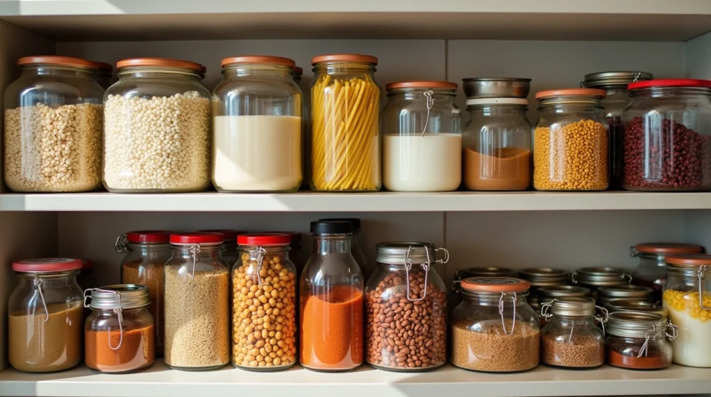 A pantry stocked with affordable staples like rice, beans, and canned goods for budget-friendly family lunches.