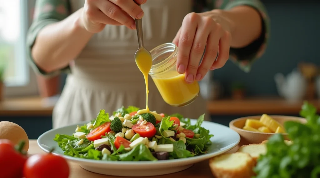  A person drizzling a fresh homemade dressing over a colorful salad, highlighting the benefits of healthy salad dressing recipes for nutritious meals.