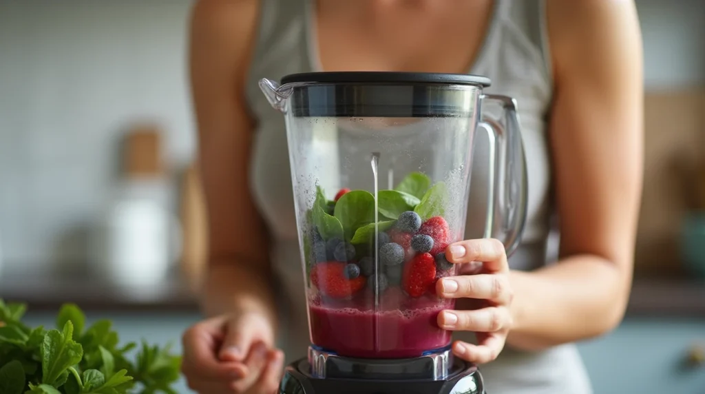 Preparing a high-protein smoothie without eggs, filled with berries, spinach, and protein powder for a nutritious breakfast.