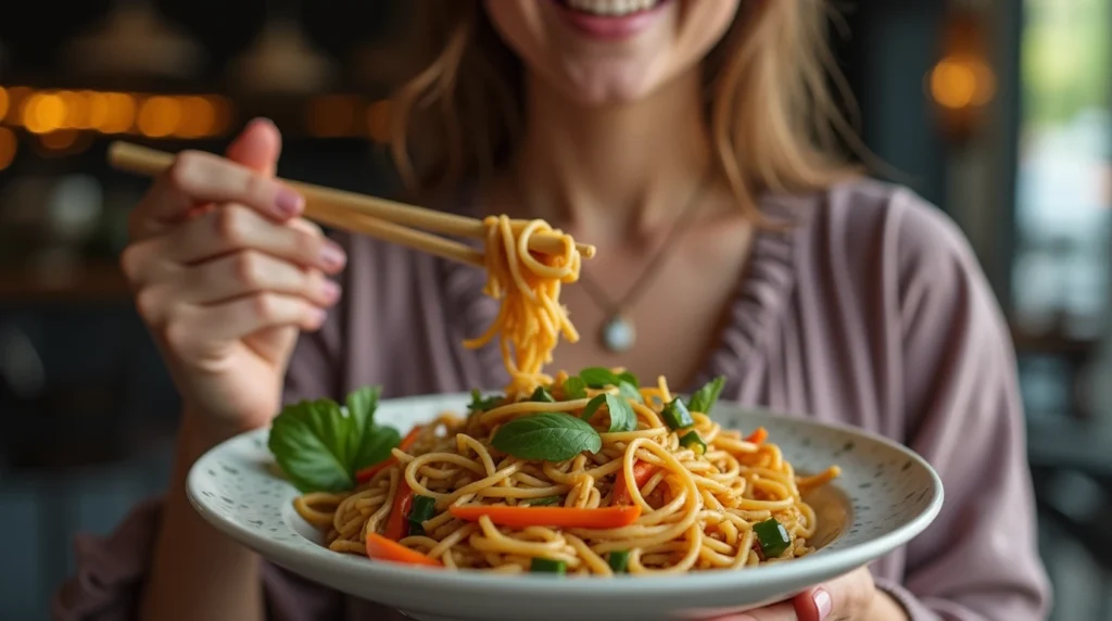 Person enjoying a homemade vegan Pad Thai recipe, highlighting the joy of cooking and eating plant-based meals.