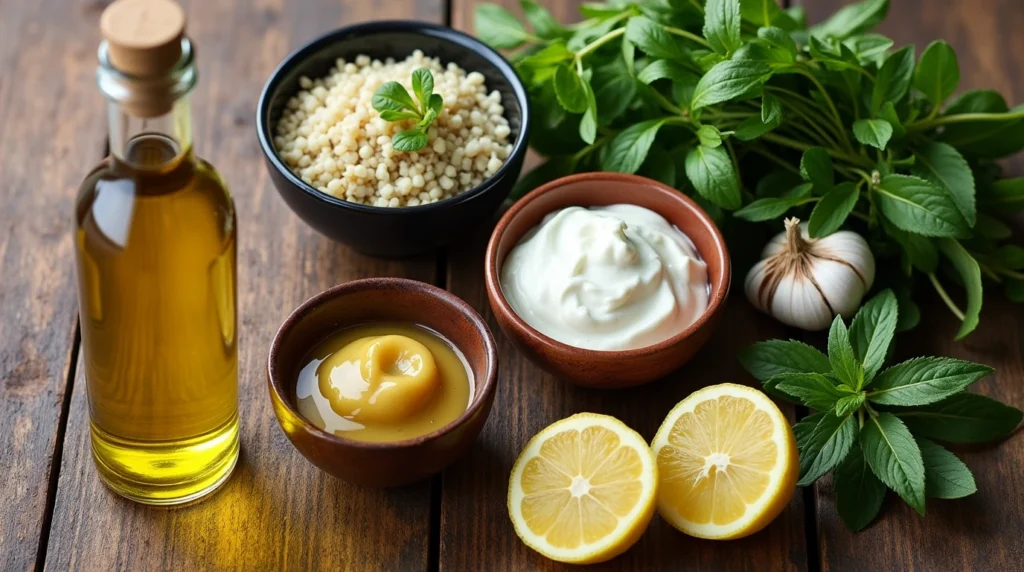 Key ingredients for healthy salad dressing recipes, including olive oil, balsamic vinegar, Greek yogurt, mustard, garlic, and fresh herbs.