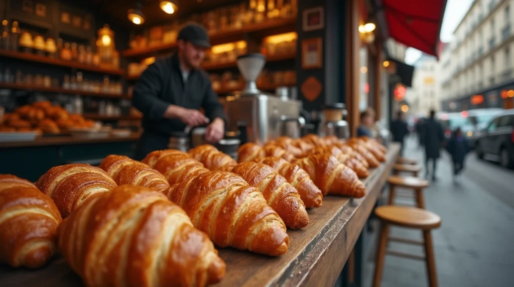 A charming French bakery with freshly baked croissants on display, capturing the essence of authentic French croissant recipes.