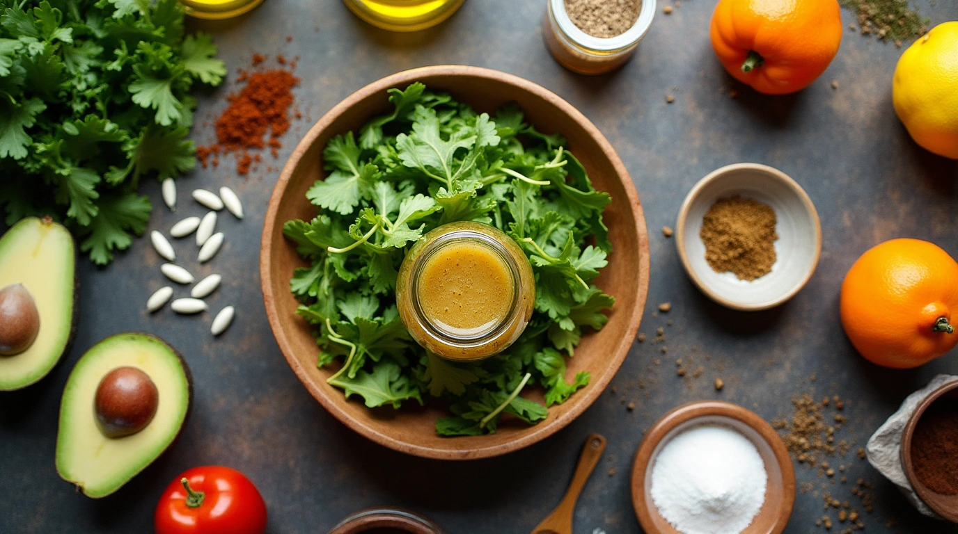 Fresh ingredients like olive oil, avocados, citrus, and herbs on a kitchen counter, with a homemade dressing being poured over a salad.