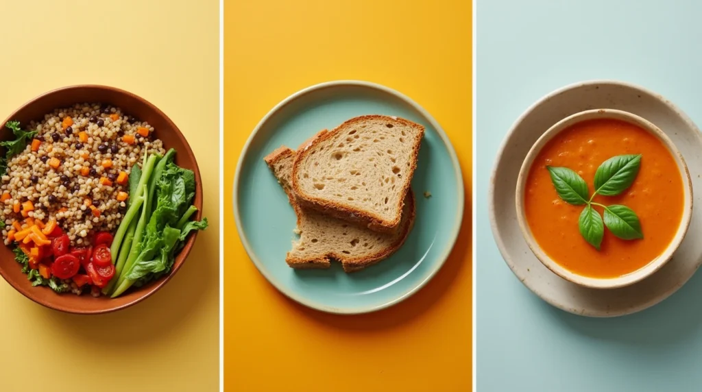 Three healthy and affordable meals, including a grain bowl, a sandwich, and a homemade soup, perfect for cheap lunch ideas for family.