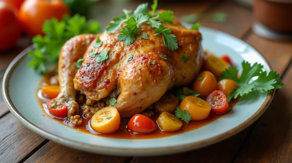 Healthy slow cooker chicken recipes featuring a healthy slow cooker chicken dish served with vegetables and fresh herbs, highlighting the nutritious ingredients used in slow cooker recipes.