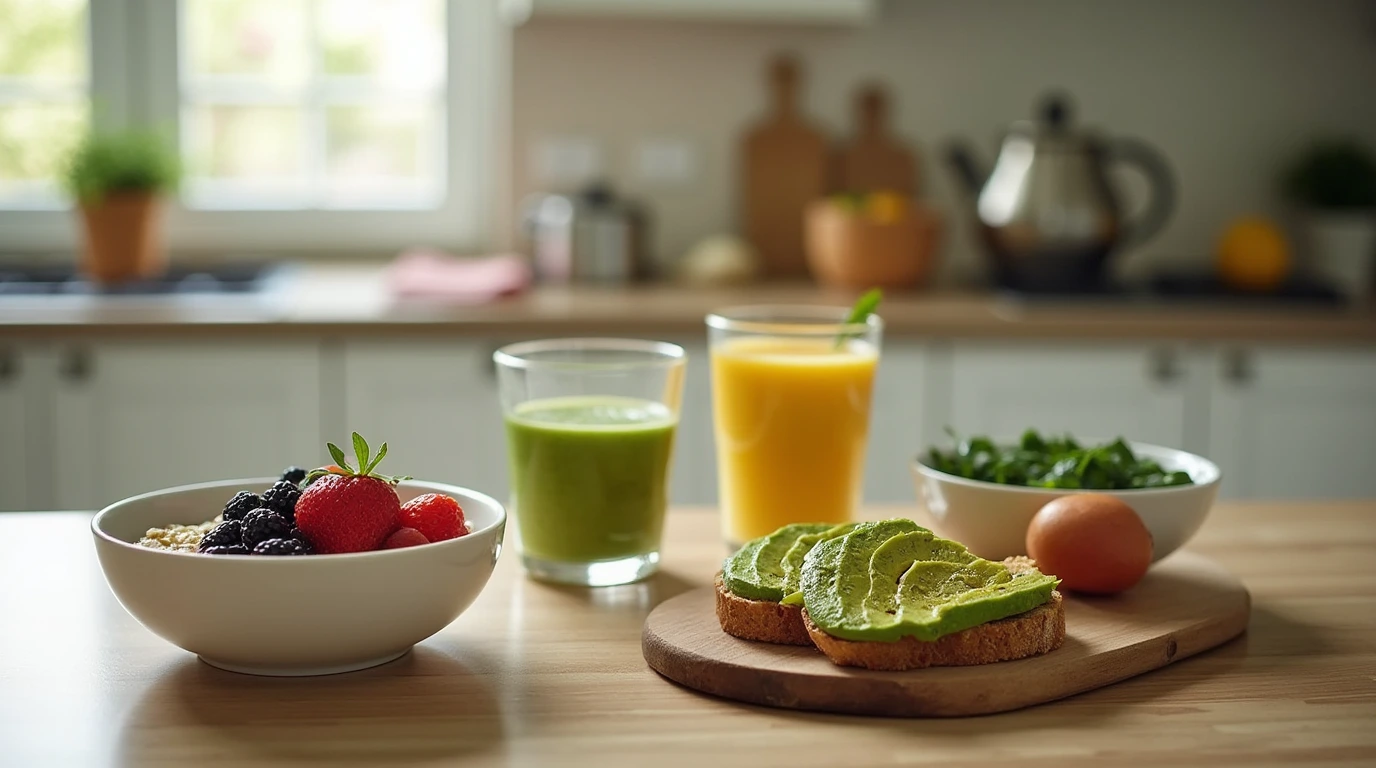 A nutritious heart healthy breakfast spread with oatmeal, avocado toast, a smoothie, and green tea, promoting cardiovascular wellness.