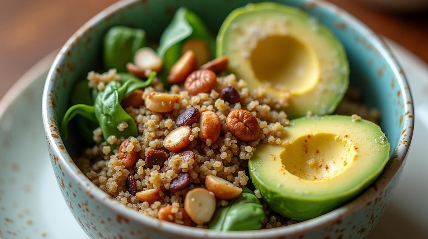 High protein breakfast foods without eggs, featuring a nutritious bowl with quinoa, avocado, spinach, and seeds.