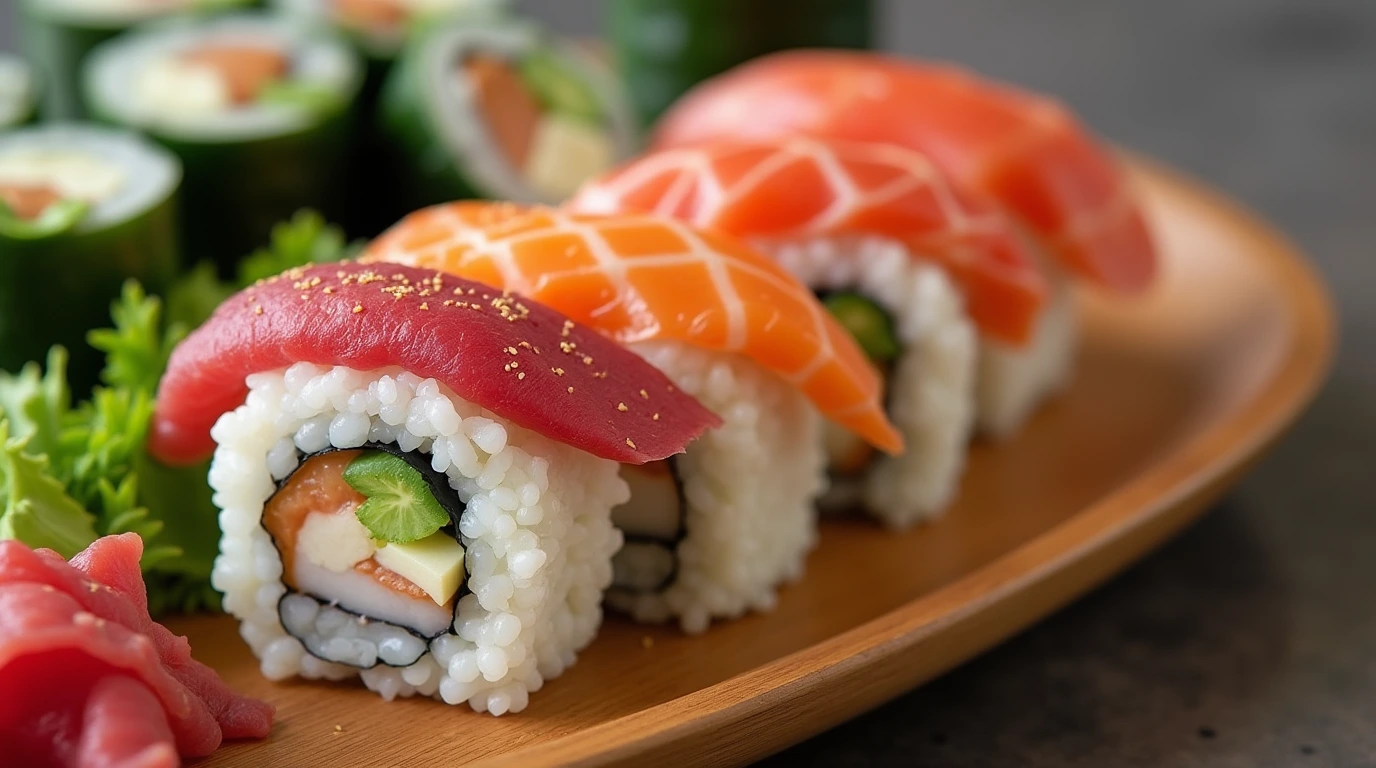 A vibrant keto sushi platter featuring cauliflower rice sushi, cucumber wraps, and fresh sashimi, showcasing a healthy, low-carb alternative.