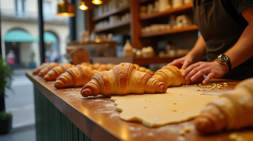 A baker laminating croissant dough, showcasing the delicate butter layers crucial for flaky French croissant recipes.