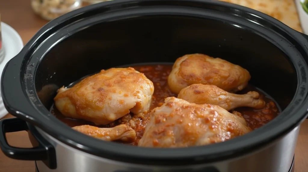 Overcooked slow-cooker chicken dish, illustrating a common mistake to avoid when cooking chicken in a slow cooker.