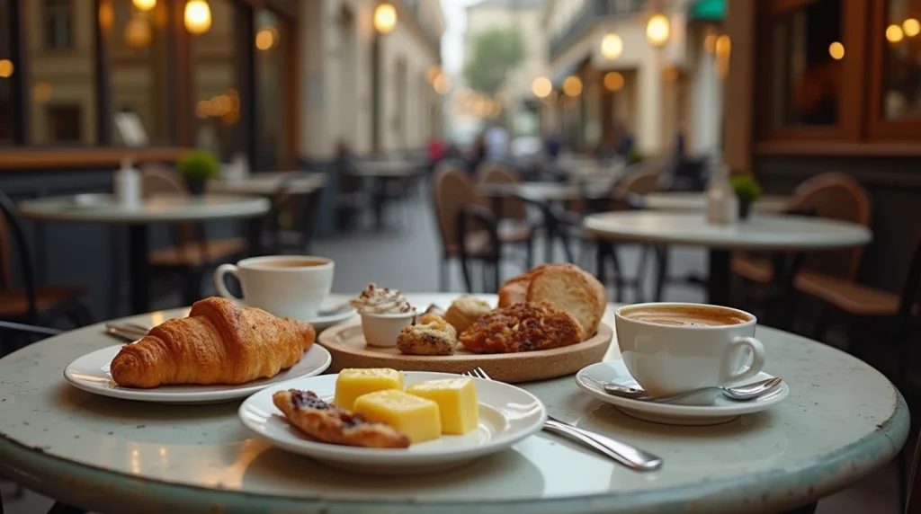 A classic Parisian breakfast with croissants, butter, jam, and espresso, celebrating the art of French croissant recipes.